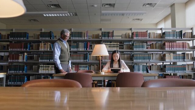 Walking from left man in vest offering seat in library, woman in blouse placing tablet, sitting
