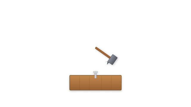 Cartoon hammer hitting a nail into wooden block animation set