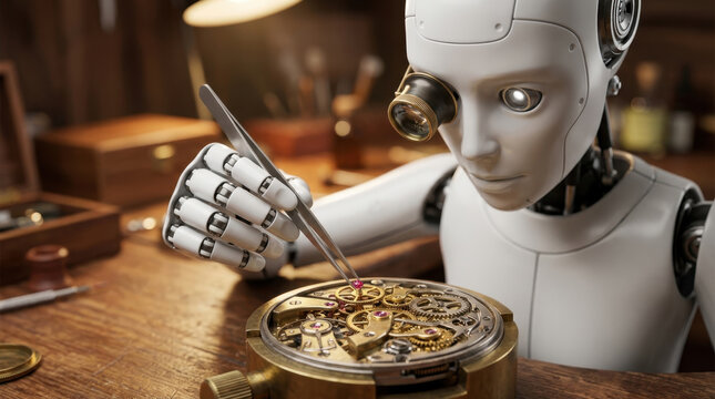 Robot watchmaker repairing a mechanical clock with precision tweezers
