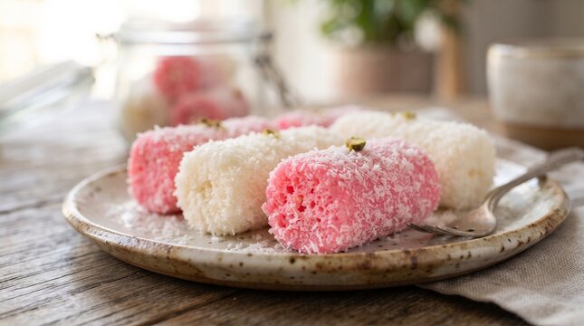 Cham Cham Indian sweets coated with coconut on a rustic plate