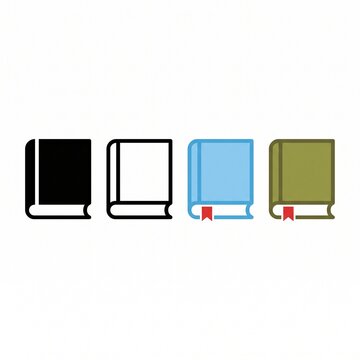 Four distinct book icons in a row showing different styles from solid black to outline and colored with bookmarks isolated on white background