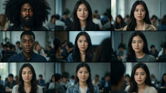 A candid mid-shot of diverse university students in a virtual study abroad pre-departure orientation, Black, Chinese, and East Asian faces