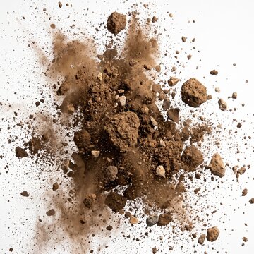Brown soil and rock particles exploding in mid-air with dust clouds during a dramatic impact against a white background 3D render
