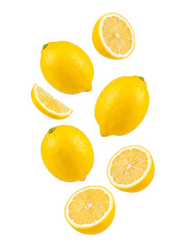 Bright yellow lemons, both whole and freshly cut slices, gracefully falling through the air on a transparent background.