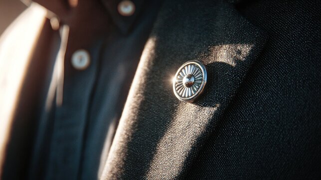 Lapel pin on dark suit jacket