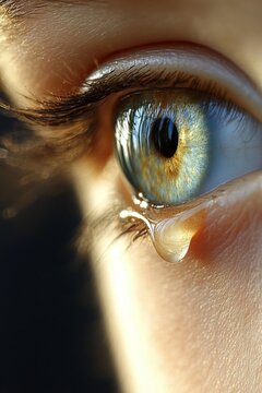 Macro closeup of a beautiful human eye with a single tear rolling down a soft focus facial cheek