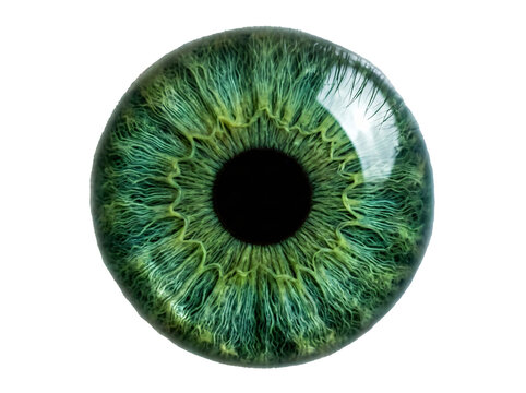 Vibrant green human iris featuring intricate fiber details captured with sharp macro focus and brilliant natural lighting on transparent background