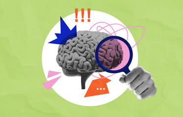 Fototapeta na wymiar Business brainstorming concept with sketched brain, magnifying glass and fist symbolizing creative strategy, critical thinking, research, and decisive action.