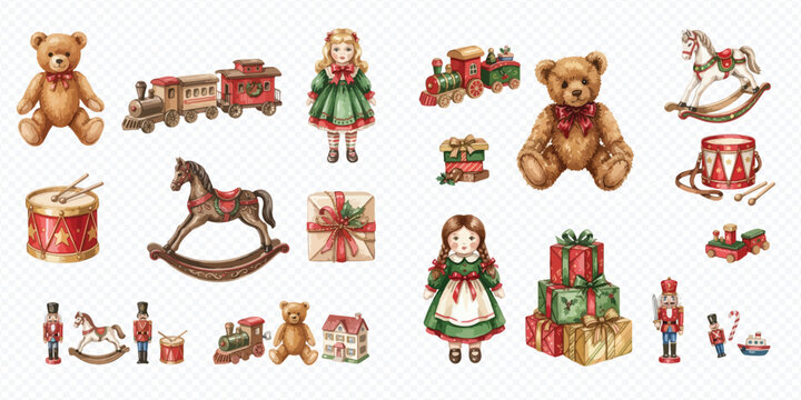 Set of vintage watercolor Christmas toys and gifts isolated on a white background.