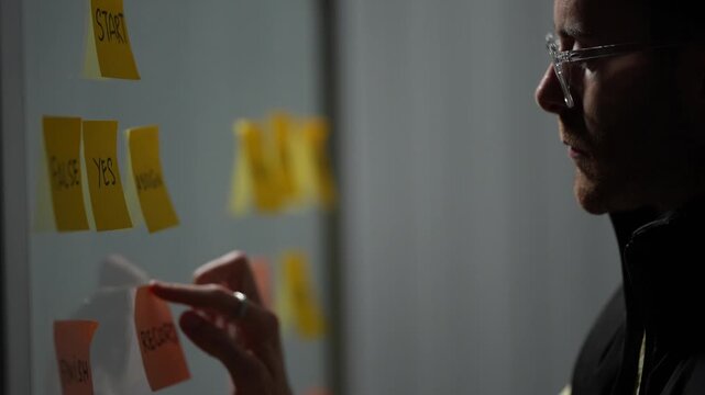 A bespectacled product lead at the board points out the card that has to move before the rest of the flow can run inside a dimly lit machine learning startup office.
