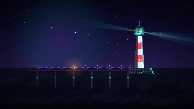 Lighthouse on Wooden Pier with Rotating Light Foggy Night Pixel Art Loop