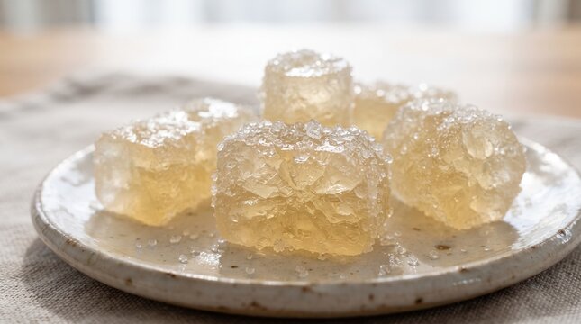 Petha candy cubes on a ceramic plate, traditional Indian translucent sweet dessert snack.