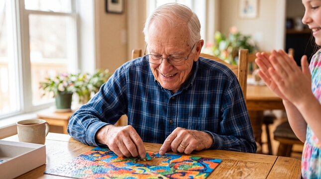 senior puzzle completion family support progress achievement milestone man celebration showing an older man completing a colorful puzzle for family activity and skill development campaigns