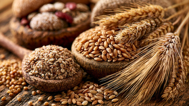 A close-up view of various grains and seeds including wheat and sesame in rustic wooden bowls, depicting the rich textures and colors that represent healthy eating and natural ingr