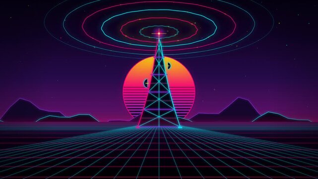 Retro Radio Tower Emitting Neon Signal Waves Purple Night Synthwave Vector Loop
