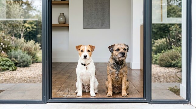 Two loyal dogs, a Jack Russell Terrier and a Border Terrier, sitting patiently at the open sliding glass door of a modern home.