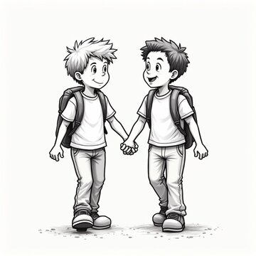 Two boys holding hands and walking together with backpacks in a park  