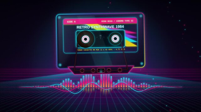 Retro 80s Audio Cassette Tape Spinning with Neon Visualizer Synthwave Vector Loop