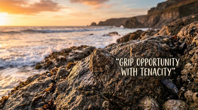 Barnacles on Coastal Rocks at Sunset with Inspirational Quote Grip Opportunity with Tenacity