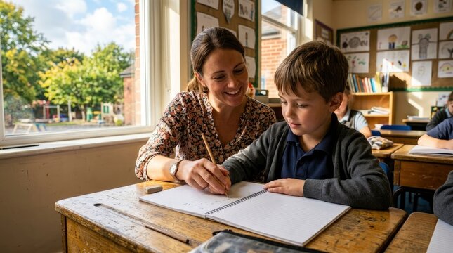 Smiling Female Teacher Helping Young Male Student With Writing in Sunny Primary School Classroom
