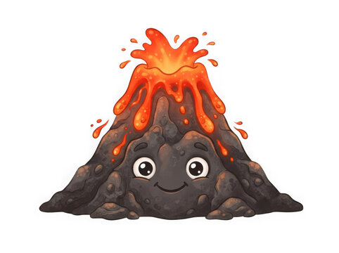 Cute cartoon volcano erupting lava isolated on white