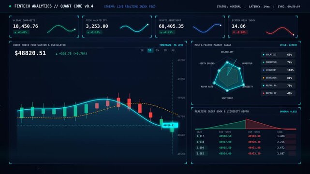 Financial Market Analytics Dashboard with Index Indicators and Radar Chart Vector Loop