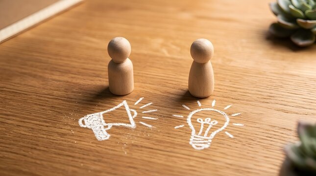 Communication and idea generation concept with wooden figures