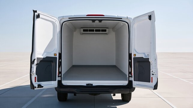 Empty white refrigerated cargo van with open rear doors on concrete