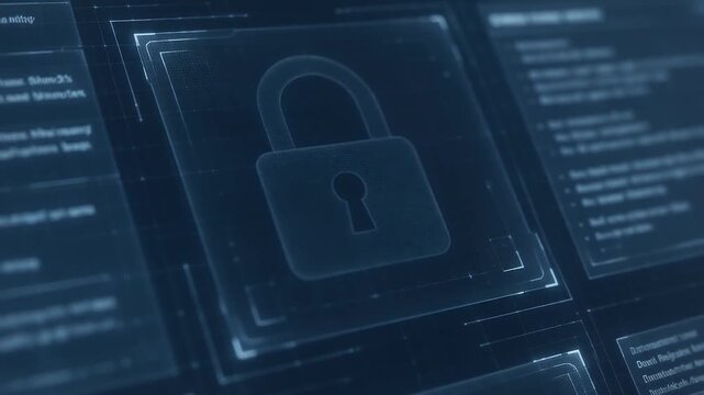 Cyber security padlock hologram on digital data protection screen
