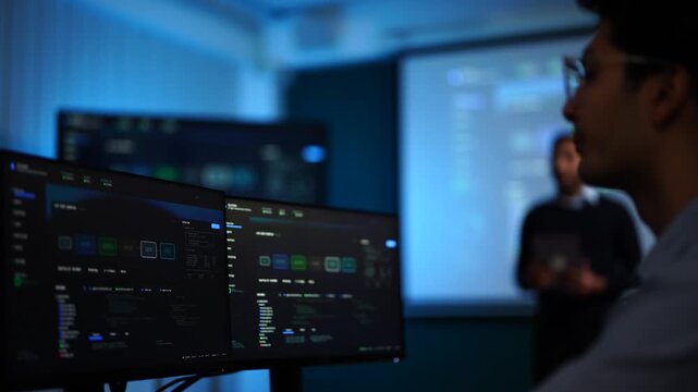 A seated engineer in the foreground of a dark briefing room watches over his monitors as a colleague presents a live AI agent workflow on the wall screen, shot in low light.