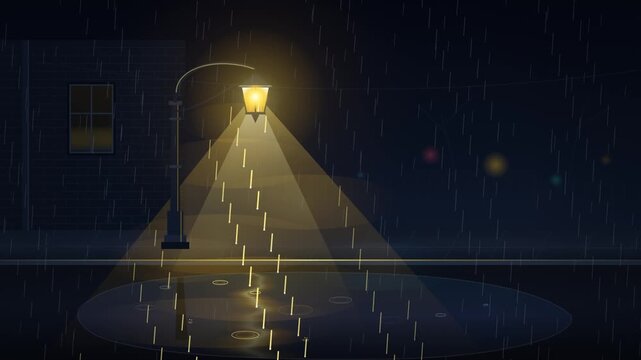 Street Lamp Illuminating Rain on Wet Asphalt Urban Night Mist Vector Loop