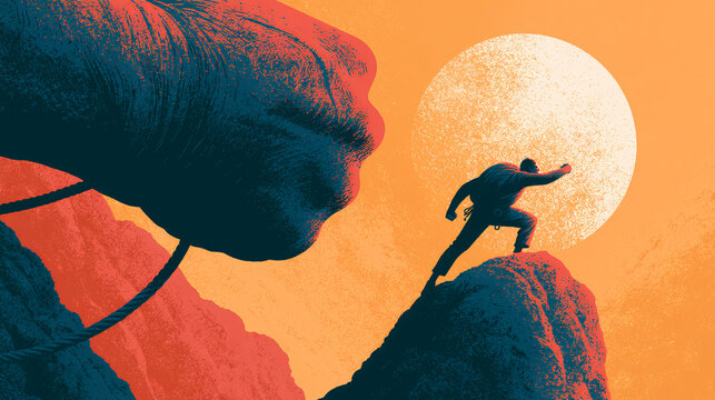 A lone figure stands bravely atop a rocky peak, facing a colossal hand against a vibrant sunset, symbolizing determination and the struggle to overcome challenges.