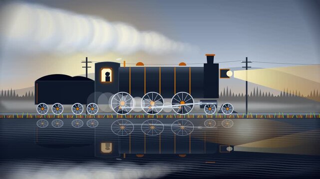 Vintage Steam Locomotive Traveling on Misty Riverside at Dawn Vector Loop