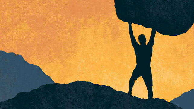 A silhouette of a person triumphantly lifting a boulder against a stunning sunset backdrop, symbolizing strength, perseverance, and the power of the human spirit in overcoming chal
