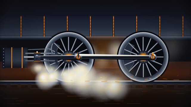 Steam Locomotive Driving Wheels Spinning with Smoke Vintage Vector Loop