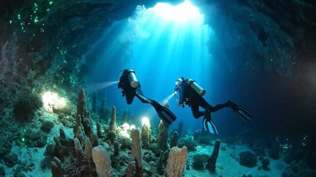 Two divers explore underwater cave with sunbeams and coral reef