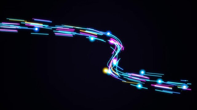 Abstract motion graphic featuring glowing neon streams and colorful light particles flowing dynamically across a dark cinematic background.
