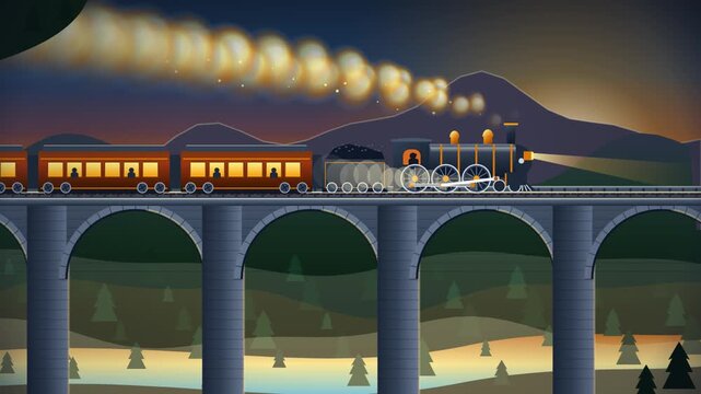 Steam Train Crossing Stone Arch Viaduct over Misty Valley at Golden Dawn Vector Art Loop