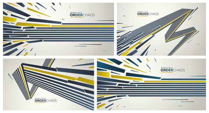 Debris particles exploding in chaos vector abstract background set, entropy is rising to decay and disorder, elements flying in motion, 3D wallpaper.