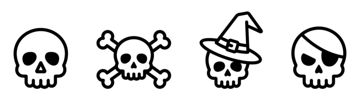 Halloween skull line icons set, human skull, crossbones, witch hat, and pirate skull with eye patch vector