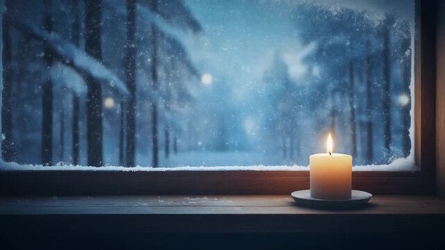 Cozy Christmas Winter Window with Candle and Snowfall, Seamless Holiday Background Video