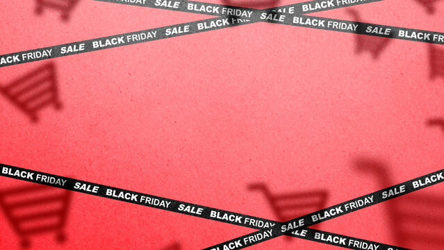 Red Black Friday sale background with crossed black tape and shopping cart shadows, featuring central copy space. Concept of Black Friday