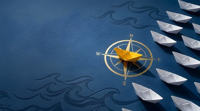 Yellow paper boat leads white boats on blue sea with compass