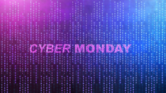 Cyber Monday digital banner featuring binary code columns on a blue and purple gradient background. Concept of Cyber Monday sale