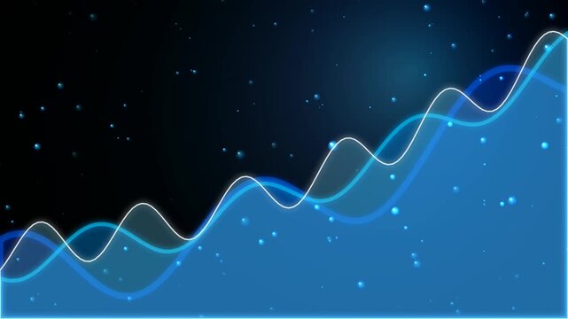 Abstract flowing blue and white lines create a dynamic wave pattern against a dark background with floating particles motion footage clip.