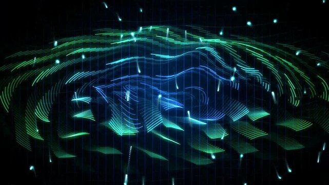 Abstract glowing blue and green wave pattern with floating lights and grid background in motion.