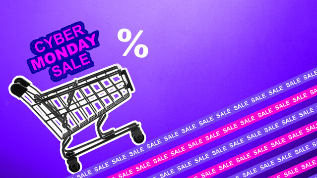 Cyber Monday promotional banner featuring a shopping cart, percent symbol, and diagonal sale tapes on a vibrant purple background. Concept of Cyber Monday sale