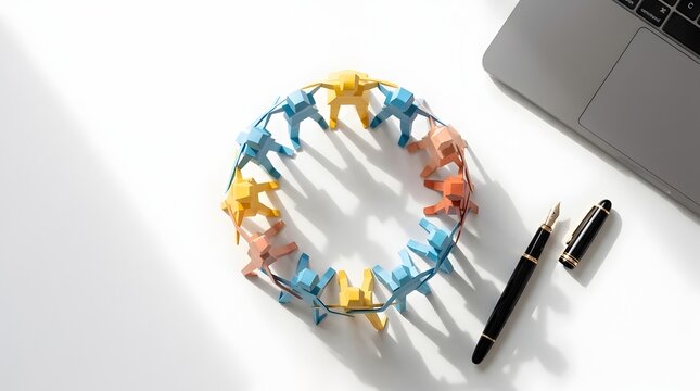 Paper figures in circle with laptop and pen