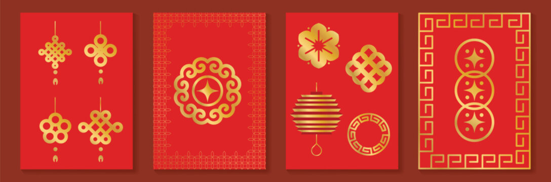 Chinese New Year vector ornament collection. Red and gold traditional Asian geometric symbols, floral motifs and decorative frames for festive design