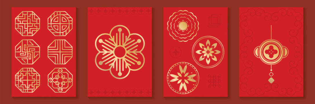 Chinese New Year vector ornament collection. Red and gold traditional Asian geometric symbols, floral motifs and decorative frames for festive design